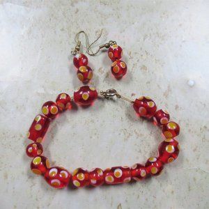 NEW handmade red yellow polka dot bracelet & earrings hanging dangle set